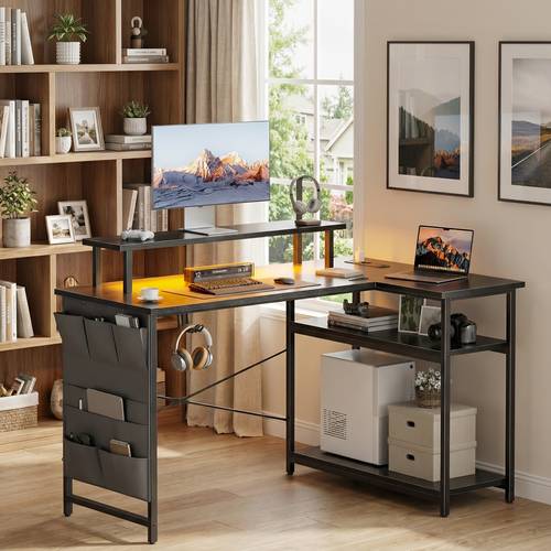 Artikelbild l-förmiger computer schreibtisch mit steckdose, 44-zoll gaming schreibtisch in der ecke mit led-leuchten, home office tisch mit ablagefächern und monitorständer für schlafzimmer, ergonomischer pc arbeitsplatz schreibtisch