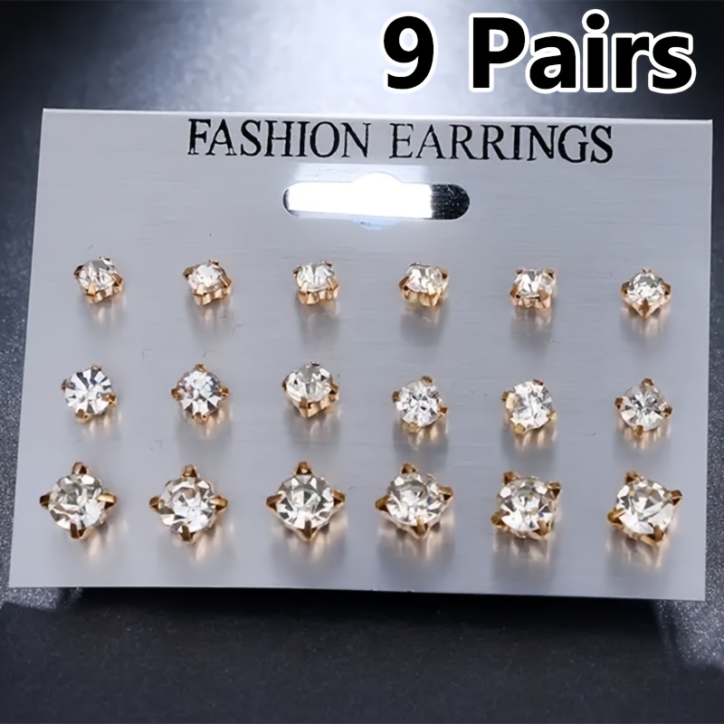 Image of 9 Pairs/18 Pairs Sparkling Classic Stud Earrings Set For Women, Synthetic Zirconia Studded, Wear And Festive Celebrations