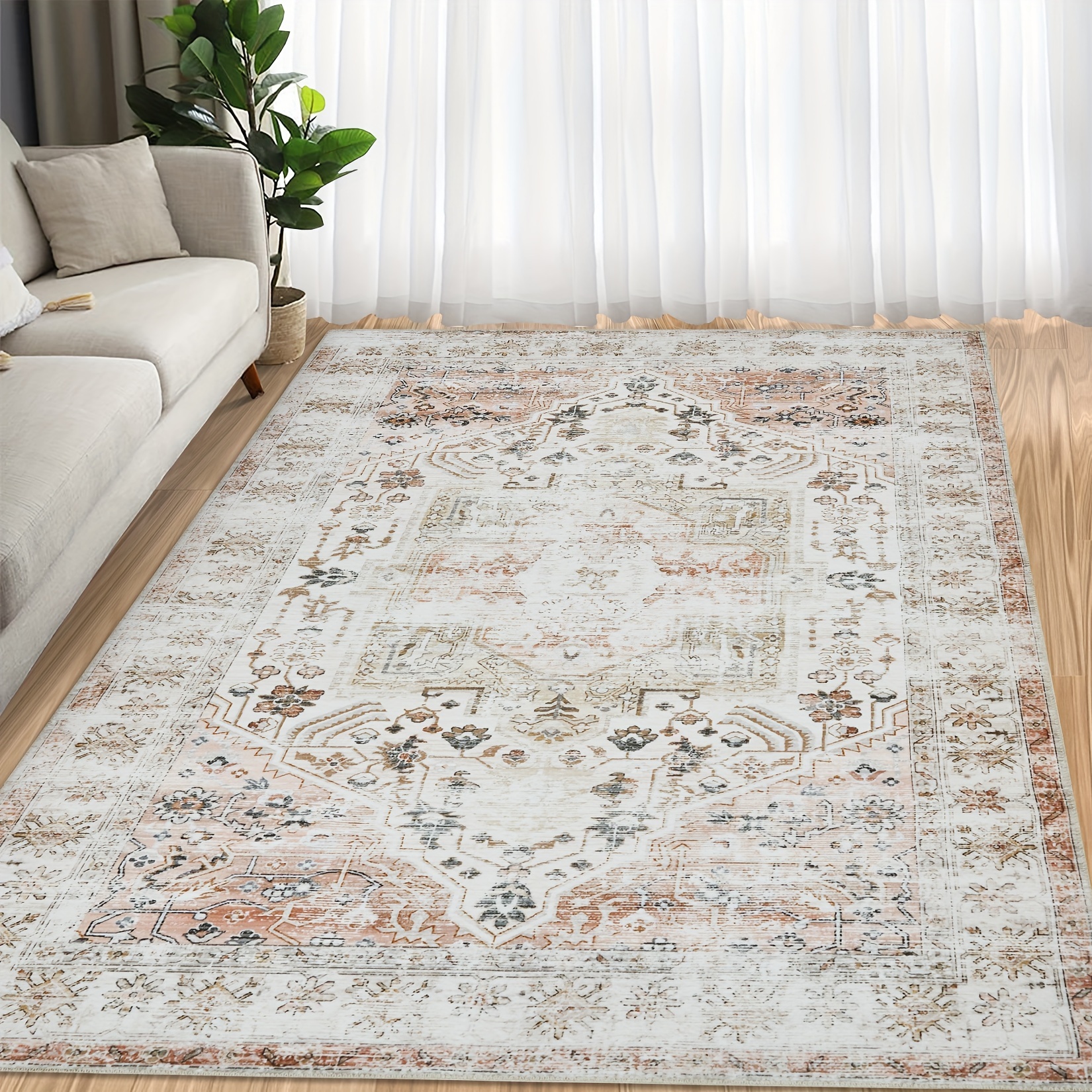 

1pc Area Rug Bohemian Rug Washable Boho Bedroom Rug Indoor Floral Print Carpet Distressed Thin Rug Accent Rug Living Room Dining Room Office Home Decor, Beige