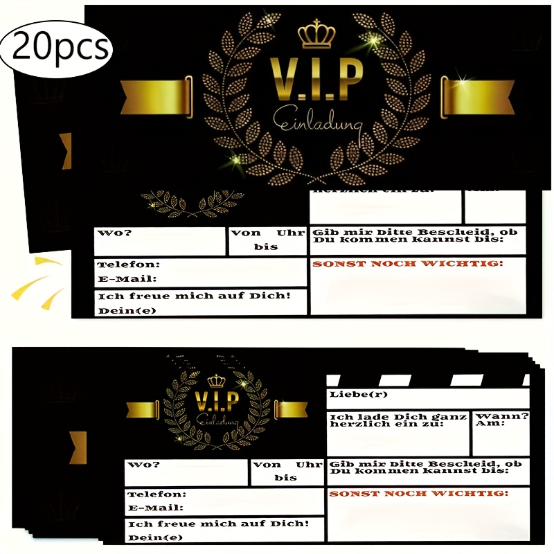 E-shop 20 Stück Schwarz-Goldene VIP-Einladungskarten - Kronen-Geburtstagseinladungen, Ideal für High-End-Partys, Event-, Jugendgeschenke,