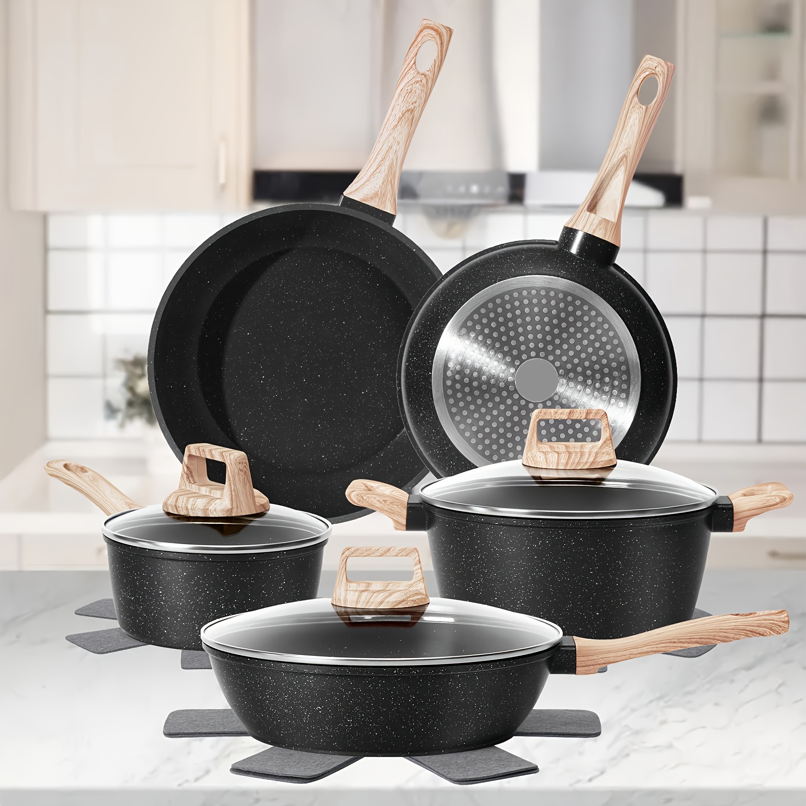 TEMU 12pcs Pots And Pans Set Non Stick, Granite Cookware Set Complete Kit With Frying Pans, Casserole, Saucepan, Lids Compatible, Pan Protector |
