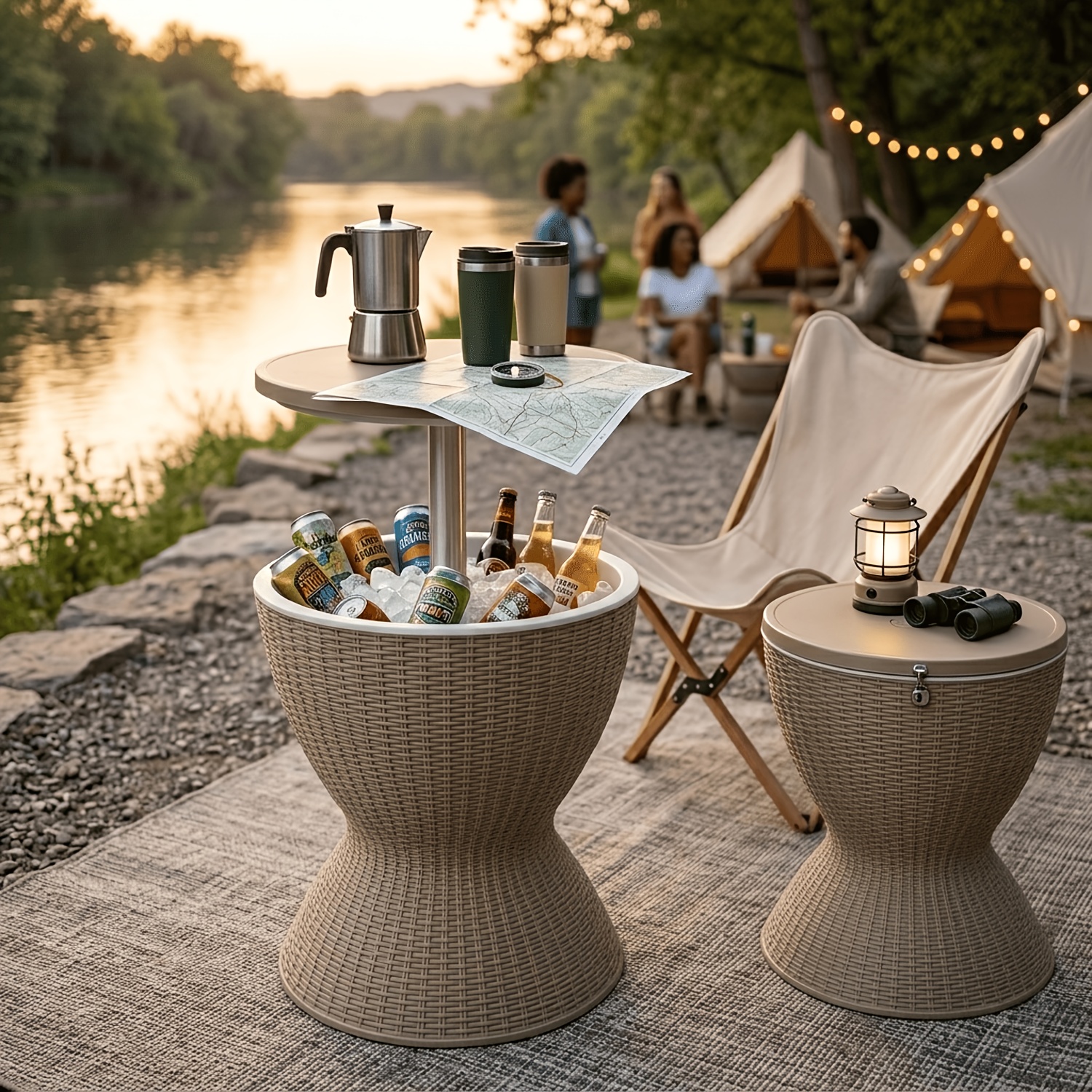 [All-Weather Resin Table] Outdoor Ice Bucket Side Table with Storage Shelf, All-Weather Heavy-Duty Resin Patio Cooler Table, Round Easy-Clean End Table for Pool, Garden And Balcony