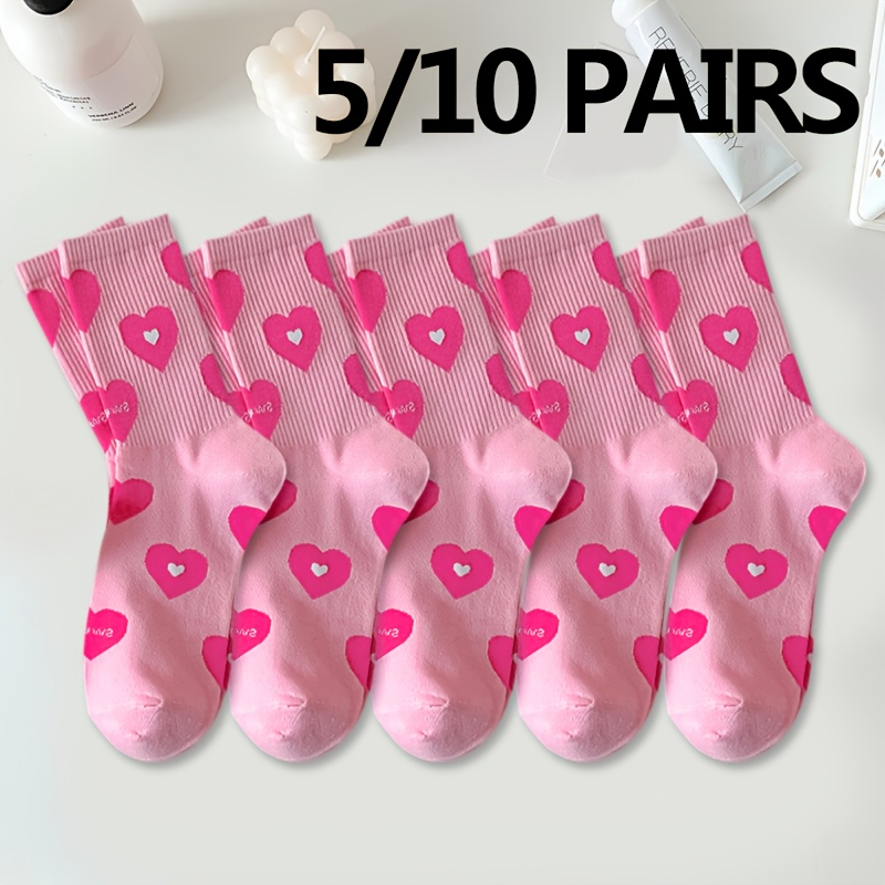 

5/10 Pairs Heart Pattern Socks, Cute & Breathable Valentine's Day Mid Tube Socks, Women's Stockings & Hosiery