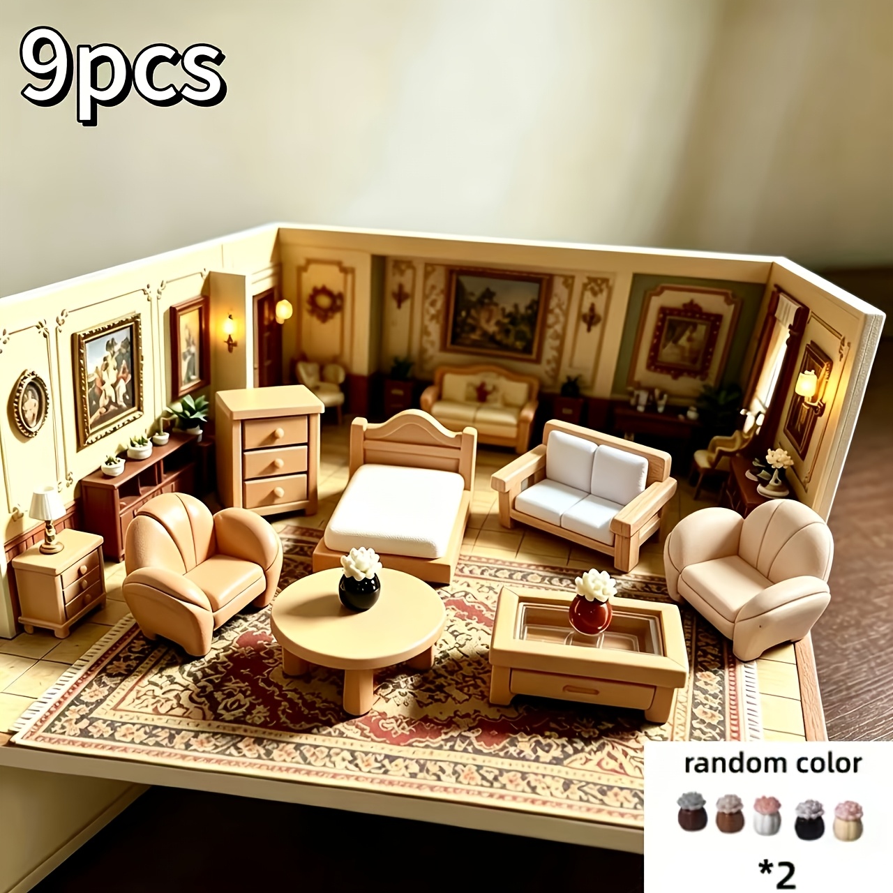 TEMU Ensemble de 9 pièces de mobilier miniature, ensemble combiné miniature de canapé, table basse et lit pour maison de poupée, ornement de scène