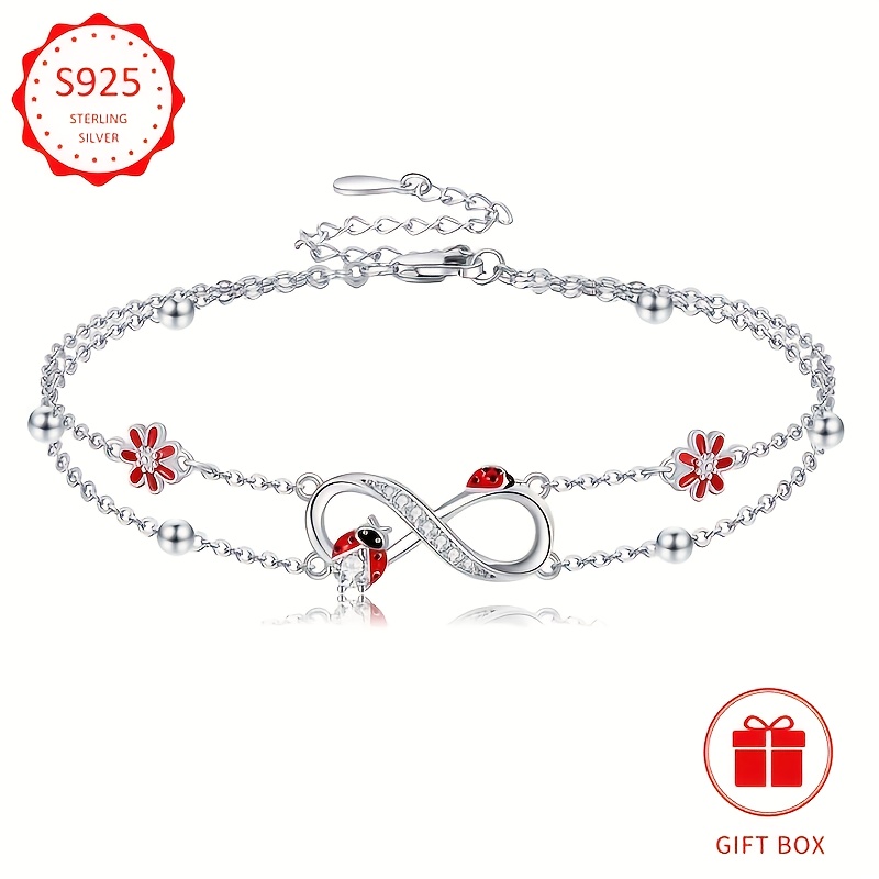 925 Silver Ladybug Infinity Bracelet Double Layered Chain