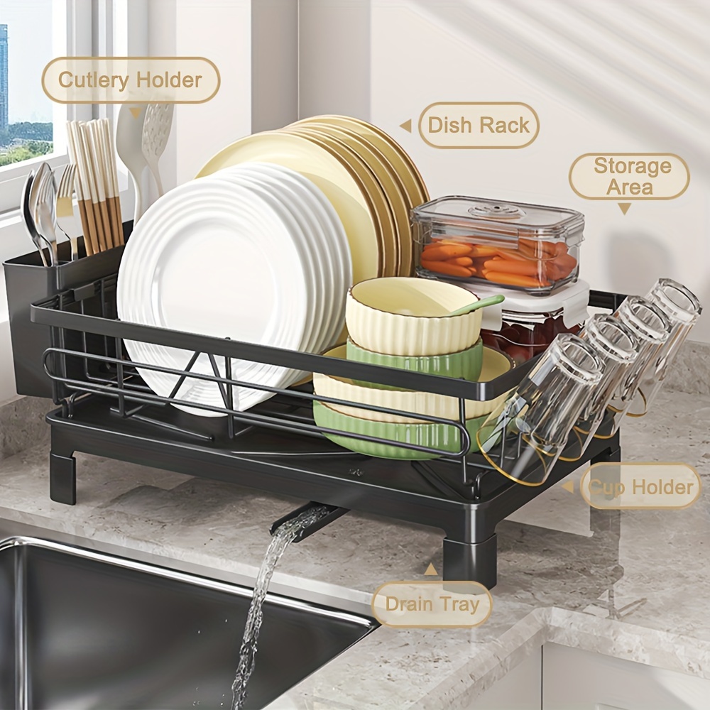 1pc Dish Racks for Kitchen Counter: Dish Drainer, Dish Drying Rack with  and Removable Utensil Holder for Kitchen Sink, Black