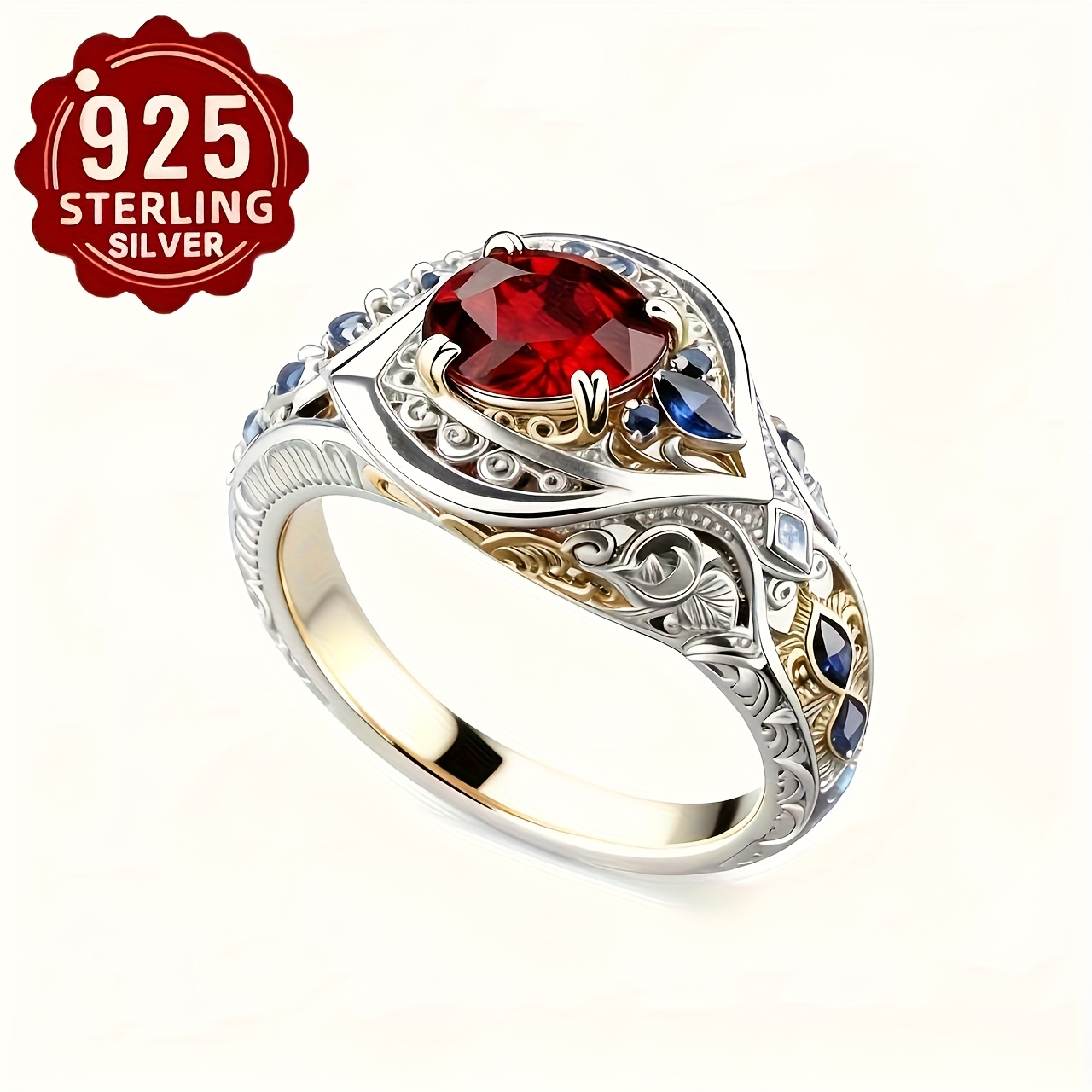 TEMU Ensemble de bagues bicolores en argent sterling 925 | Incrustées d'artificiel, style de sculpture doré vintage, style unisexe dominant, convient