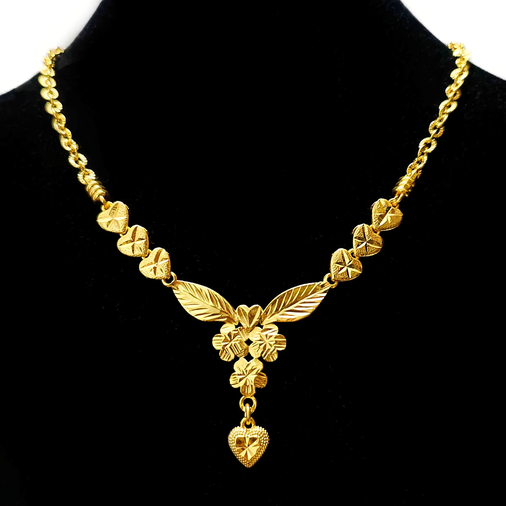 TEMU Collier vintage en cuivre plaqué or 24K avec cœur floral pour femme, motif feuille et fleur, bijou de démarque, cadeau de mariage et d'Aïd pour