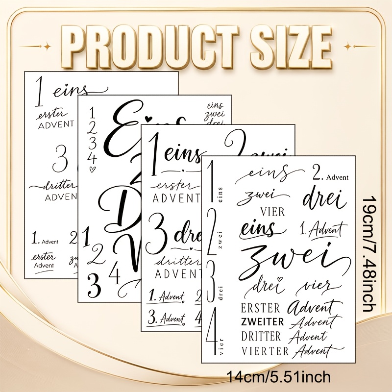 TEMU 4 Sheets/set, Winter-themed Ceremonial Word Transfer Paper, Advent Number Combination Transfer, Clean And Elegant Black And White Decorative