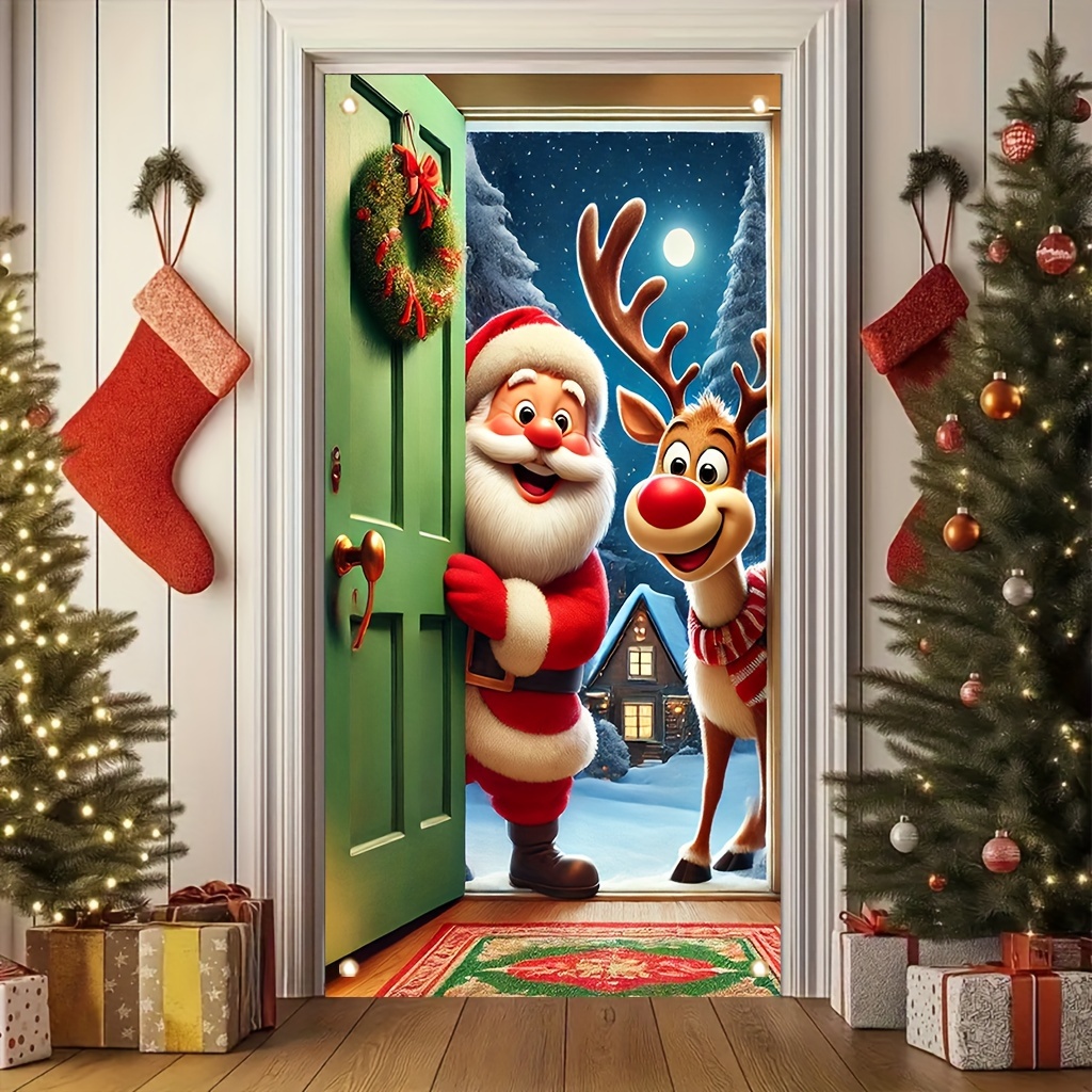 

Merry Christmas Santa & Elk Porch Banner - 35x70" Polyester, No-power Needed, Outdoor Holiday Decor For Front Door