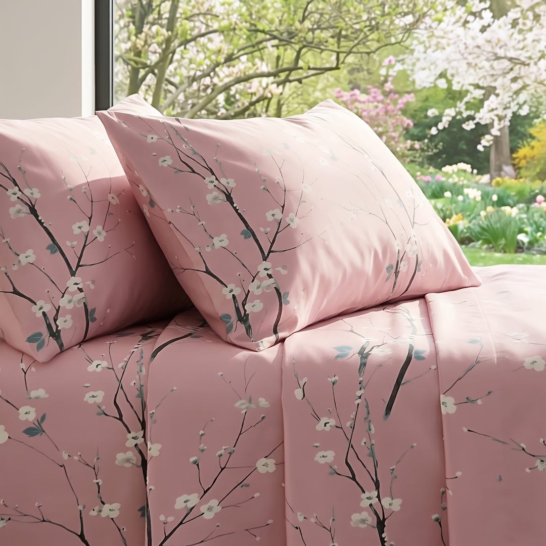 TEMU Floral Printed 4pcs Bedding, Fitted Sheet Set, Skin-friendly And Comfortable, Easy And Versatile, Mattress Protector For Bedrooms And