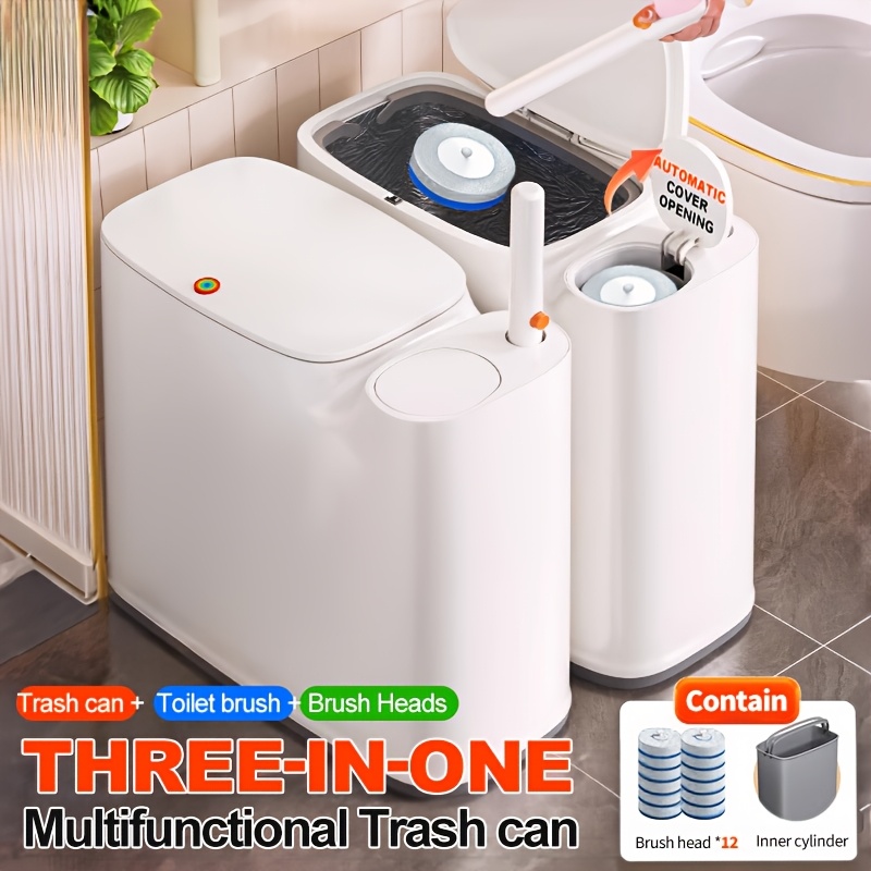 

Toilet Trash Can And Disposable Toilet Brush, Bathroom Trash Can With Toilet Brush Holder, 7.7l White Trash Can, Trash Can Toilet Set With Lid, With 12 Disposable Brush Heads