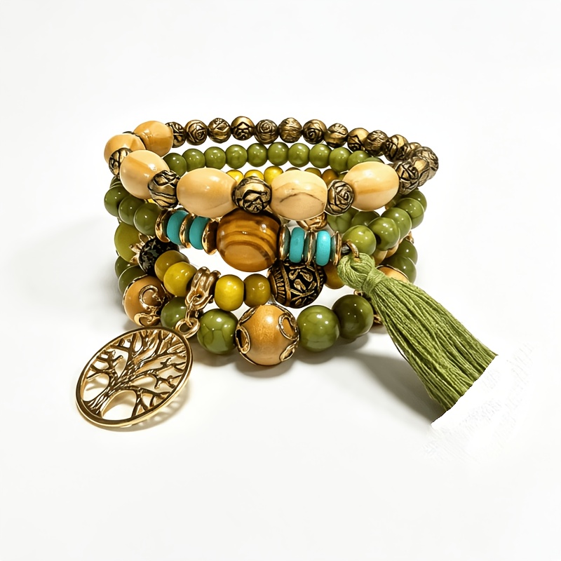 TEMU Set de 4 pulseras de cuentas de estilo bohemio multicapa, combinadas con colgantes de árbol de y borlas adicionales