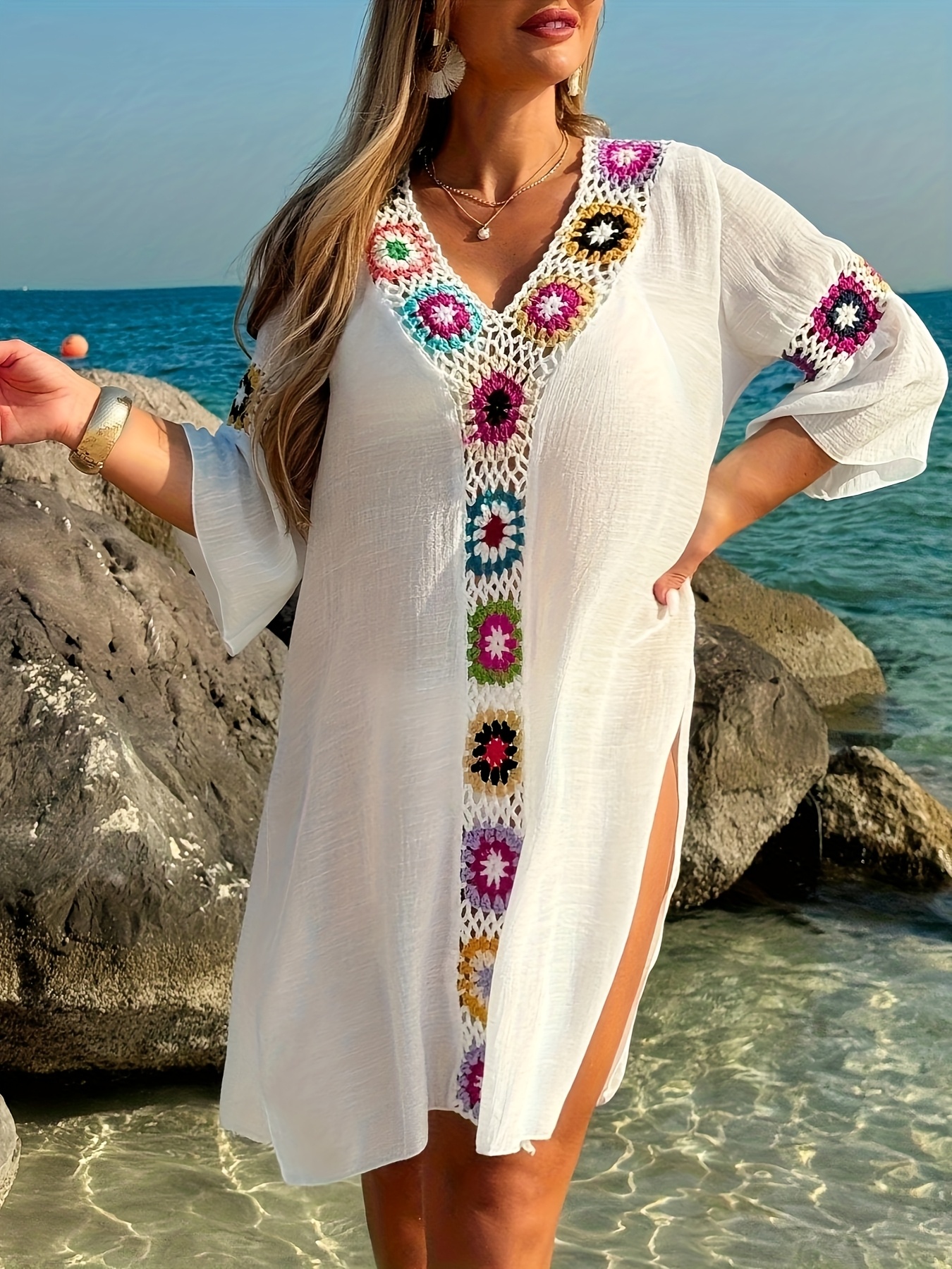 Women'S Plus Size Vacation Casual Bohemian Handmade Crochet Splicing V-Neck  Loose Flared Flare Sleeve Dress 0 Long Sleeve Straight Dress Cover Scarf ...