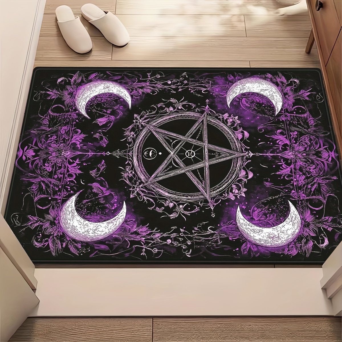 TEMU 1pc Hd Printed Moon And Pentagram Design Long Strip Carpet, Fleece Material, Non-slip Mat For Bathroom, Bedside And Sofa Area Carpet, Kitchen