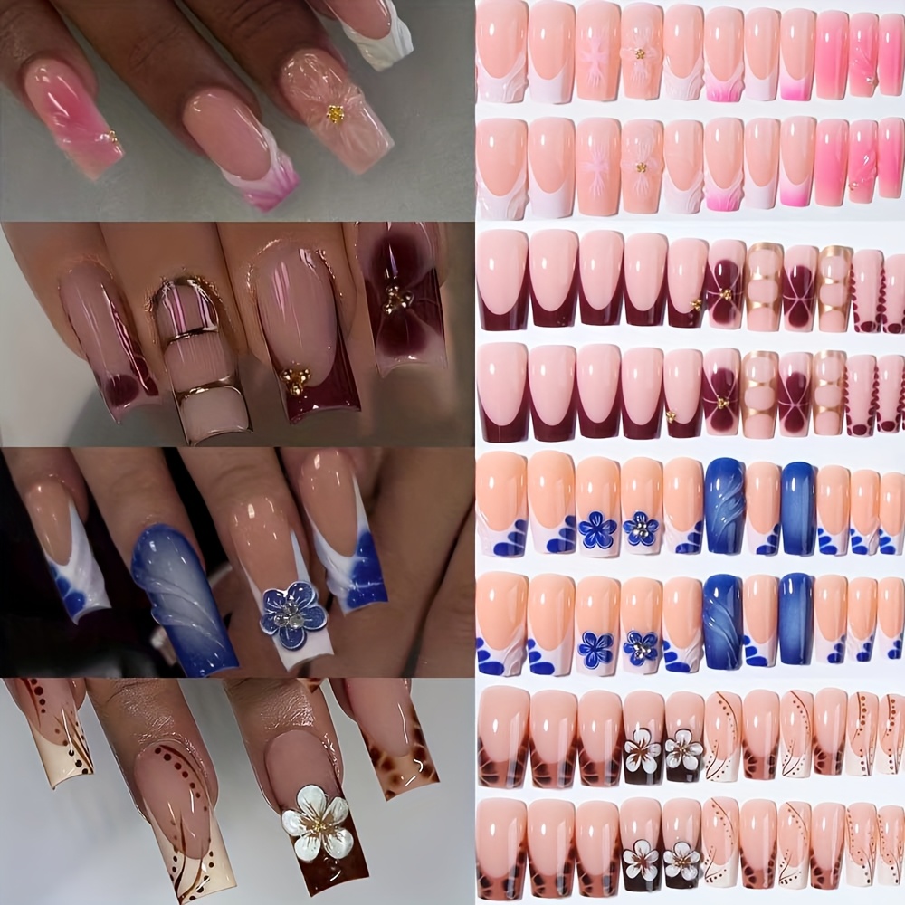96pcs Medium-long Square Nail 3d Stereoscopic Sunburn Leopard Print Press-on Nail Combination Set, Finished Manicure Detachable Fake Nail Acrylic Nail False Nail