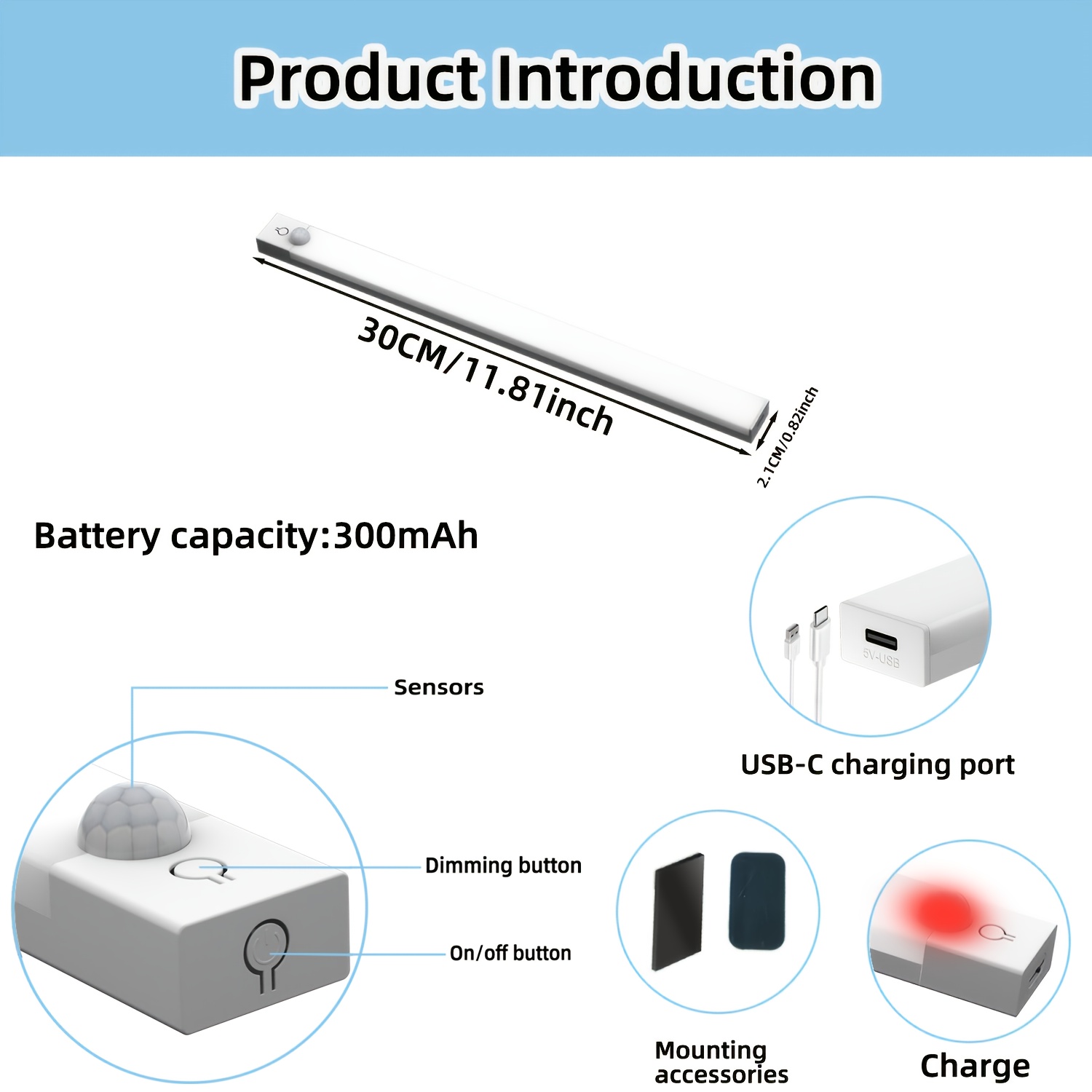 TEMU Led Motion Sensor - Dimmable Cabinet Lights, Usb Rechargeable, 3color (3000k/4500k/6000k), Night Light, For Bedroom, Staircase, Kitchen, Piano