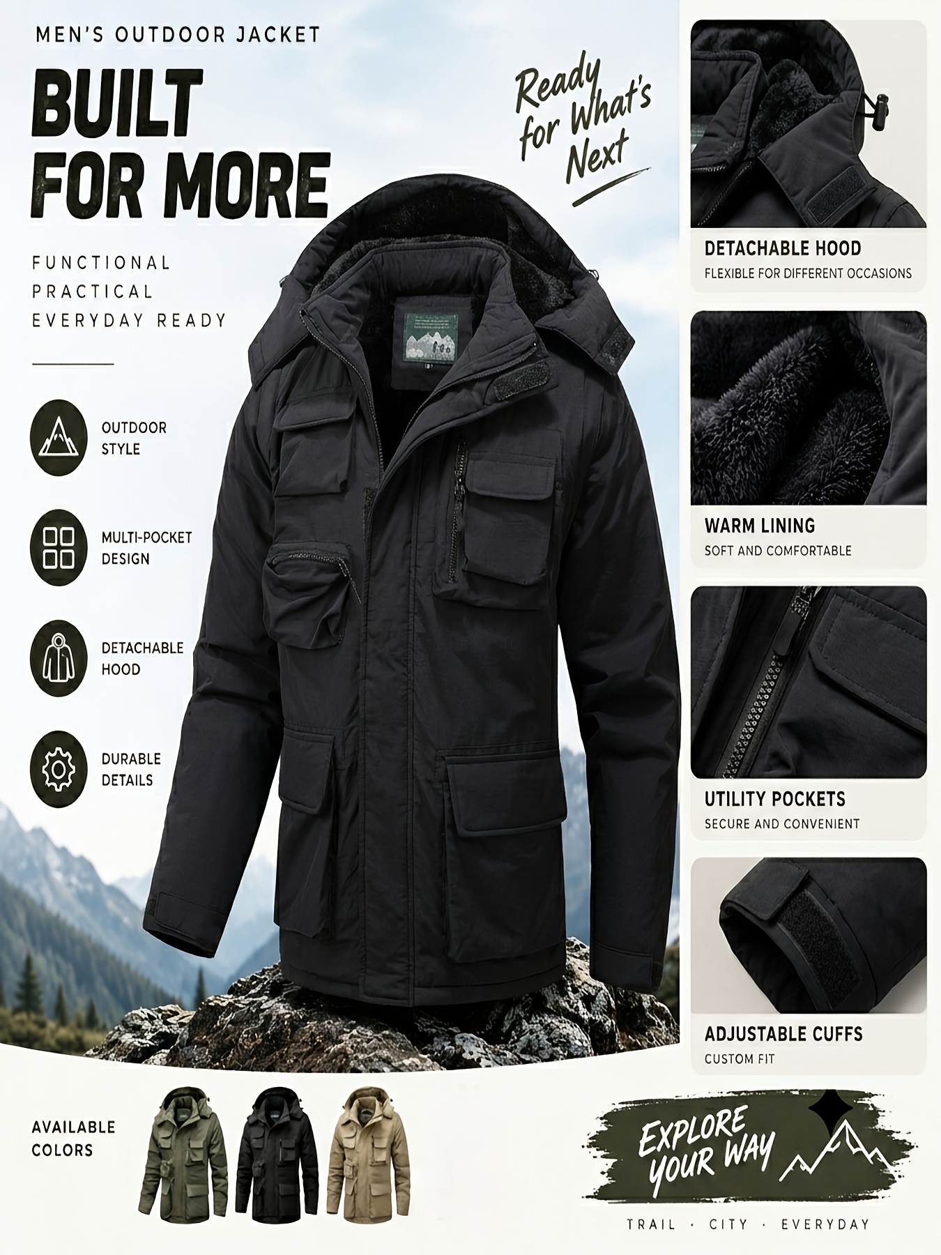 Men's Functional Style Jacket with Thickened Hood and Multi-Pockets