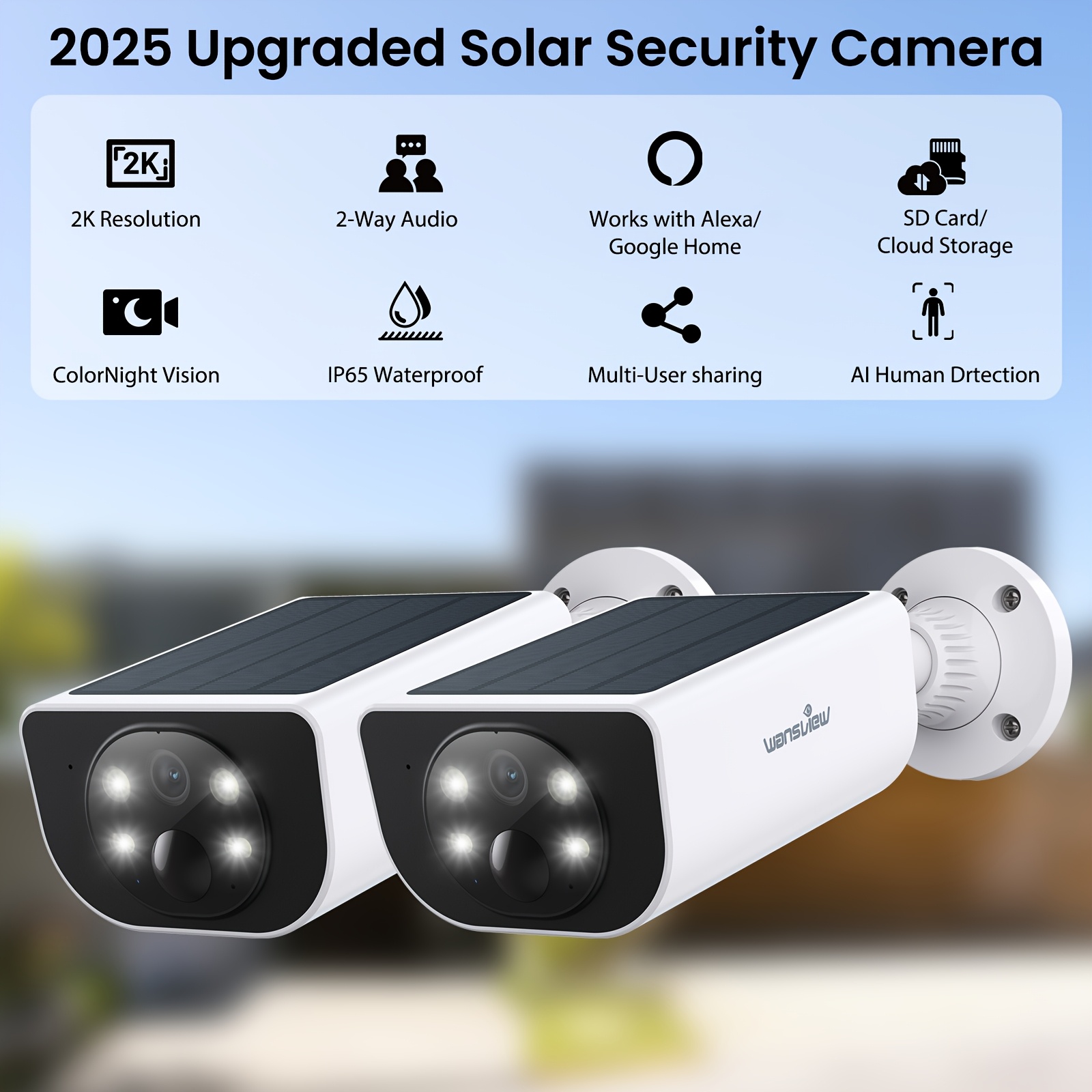 TEMU Solar Security Camera Outdoor Wireless, 2k Camera With Solar Panel, Detection Color Night Vision, Ip65, No Wiring For Home, 2-pack