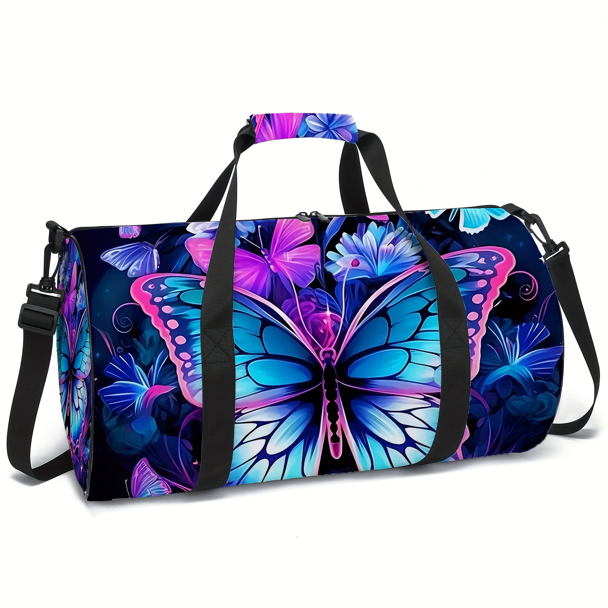 E-shop Reisetasche mit Schmetterlingsmuster, Blau Lila, glatter Polyesterstoff, Kleider-Organizer, für Schulanfang, Camping Reisen