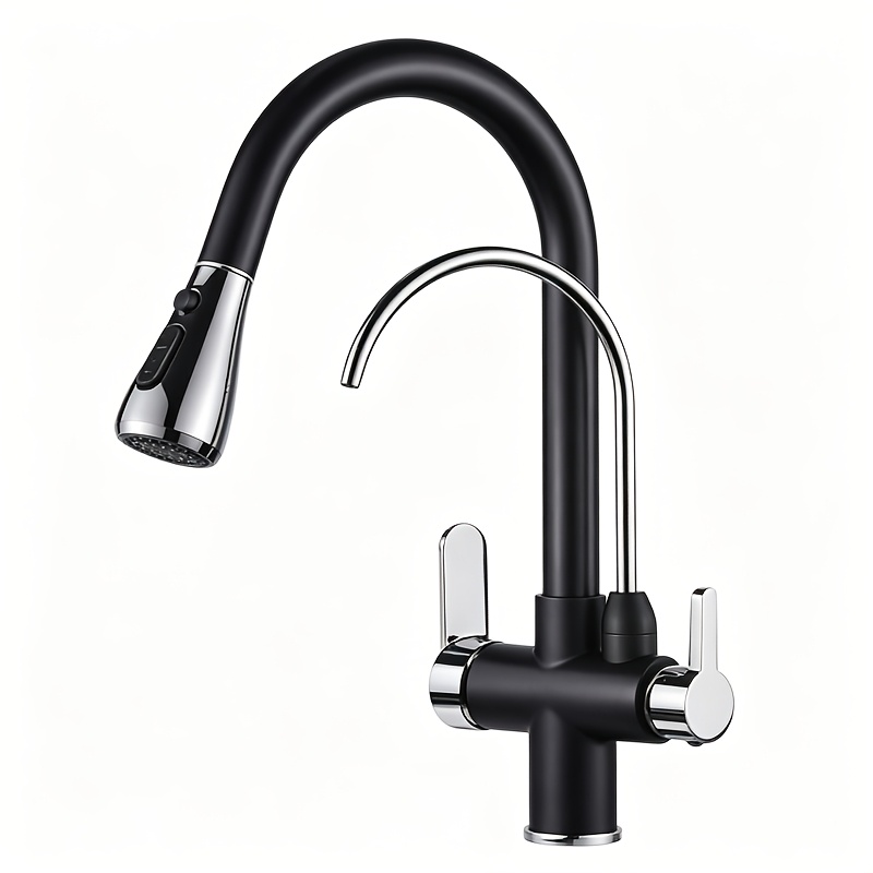 Image of Kitchen Faucet, 2in 1 Commercial Stainless Steel Pull Down Sink Faucet And Drinking Water Faucet 2 Handle For Pot Filler Kitchen Sink Farmhouse Bar, Matte Black+golden
