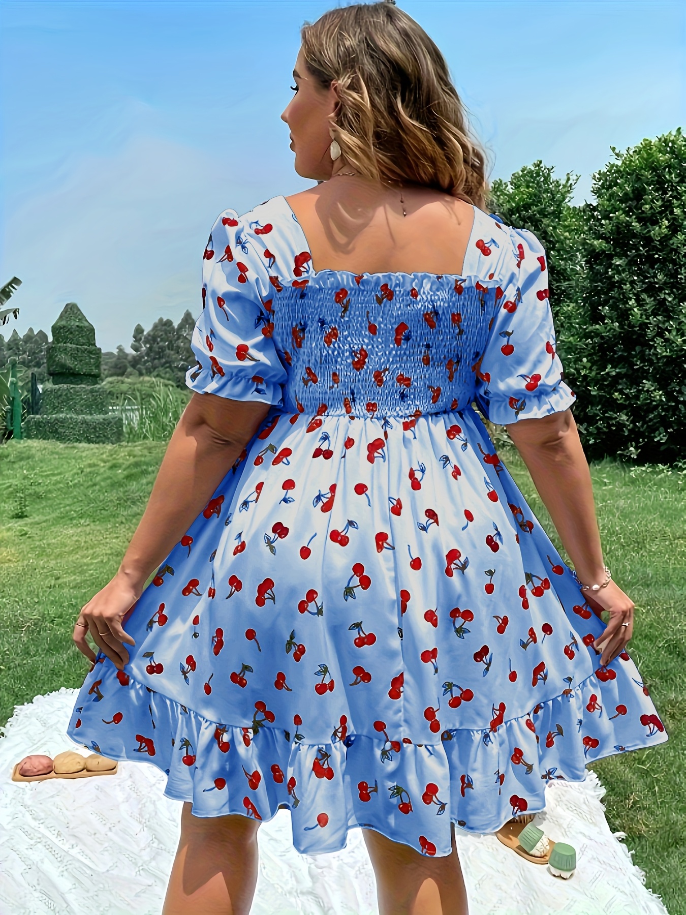 Plus Size Women's Cherry Print Short Sleeve Dress Square Neck Puff Sleeve  Midi Dress with Flared Hem, Machine Washable Fabric for Casual S
