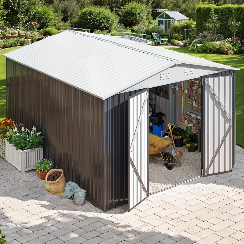 

10' X 12' Storage Shed Large, Metal Sheds & Outdoor Storage 10x12, Lockable Outdoor Shed Utility And Tool Storage For Garden, Backyard, Patio, White Doors