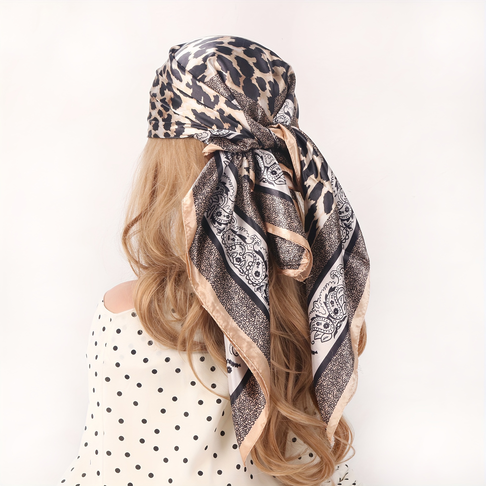 

Chic Vintage Leopard & Paisley Print Square Scarf - Lightweight, Sun-protective Polyester Bandana For Women