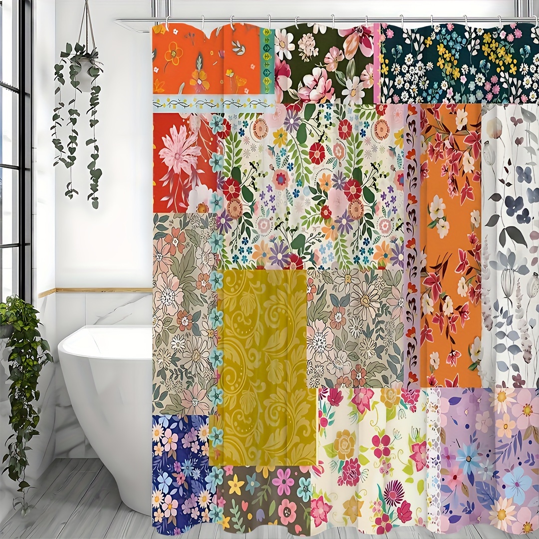 

Waterproof Floral & Plant Patchwork Shower Curtain - Machine Washable Polyester With Hooks, All Bathroom Decor, Shower Curtain