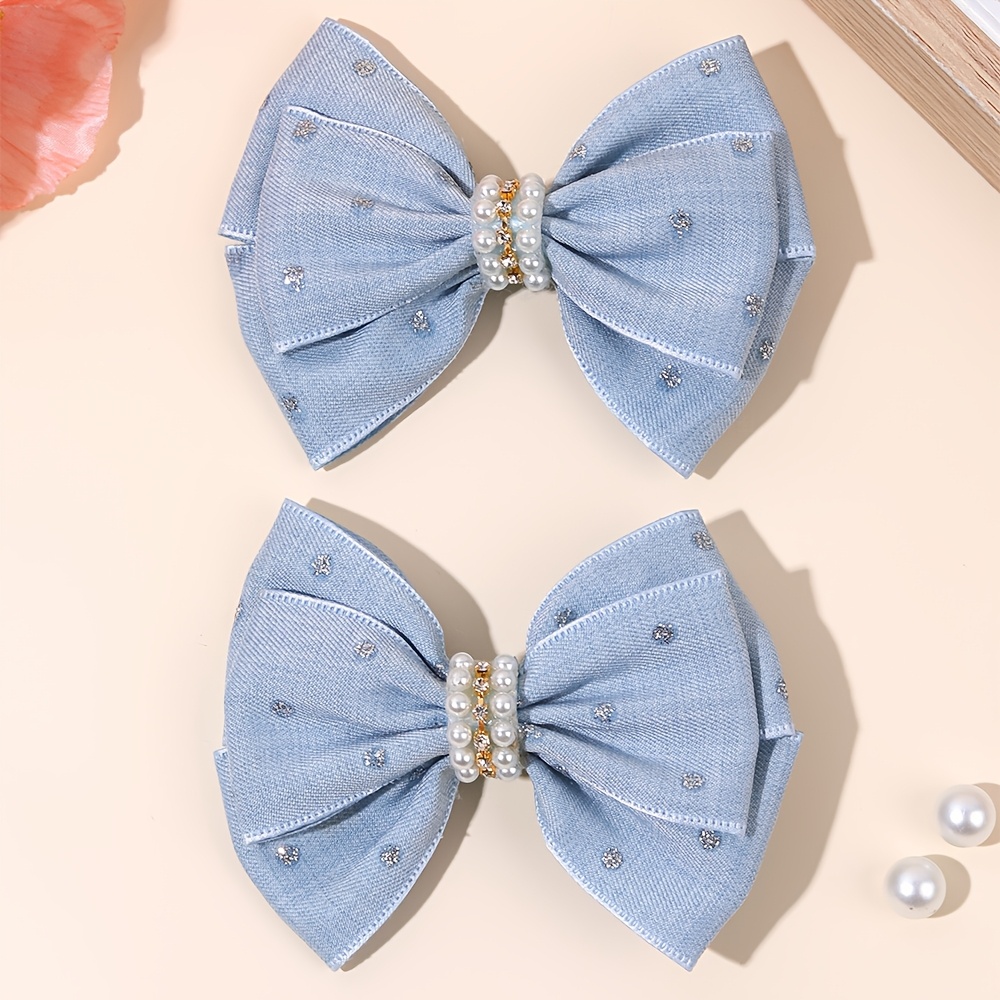 TEMU 2pcs Denim Bow Hair Clips For Women Elegant Pearls Rhinestone Hair Clips Nonslip Clips Excellent Hair Additions For Daily Wear