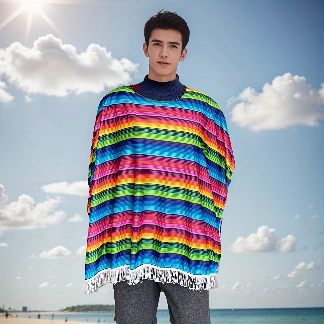 Halloween Mexican Serape Striped Ethnic Style Cloak Cosplay Holiday Stage Performance Costume New Unisex