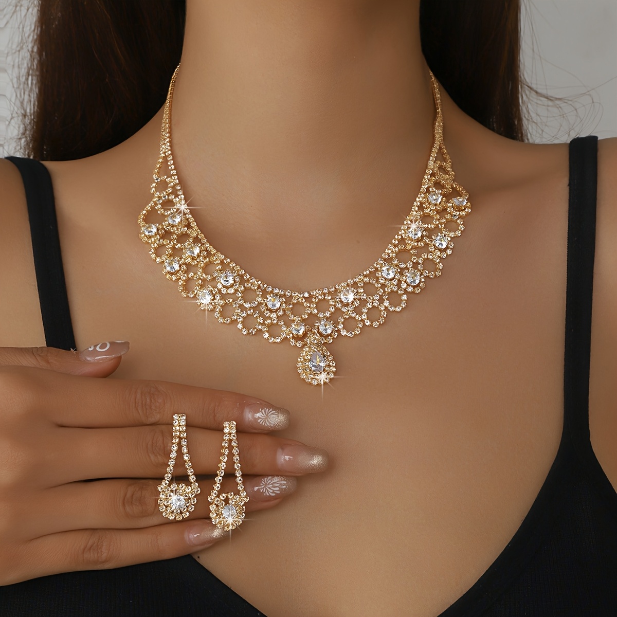 Double Layer Necklace & Earrings Set with Rhinestone Sunflowers
