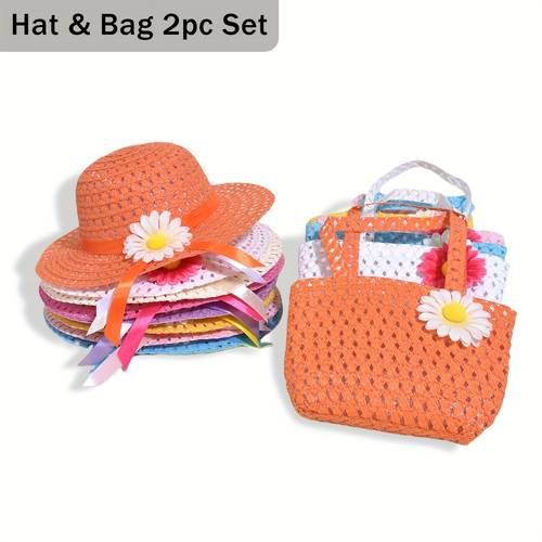2pcs set girl floral woven sun hat and crossbody bag lightweight sunscreen breathable sun hat straw hat suitable for outdoor vacation summer beach party suitable for day ideal gift for children
