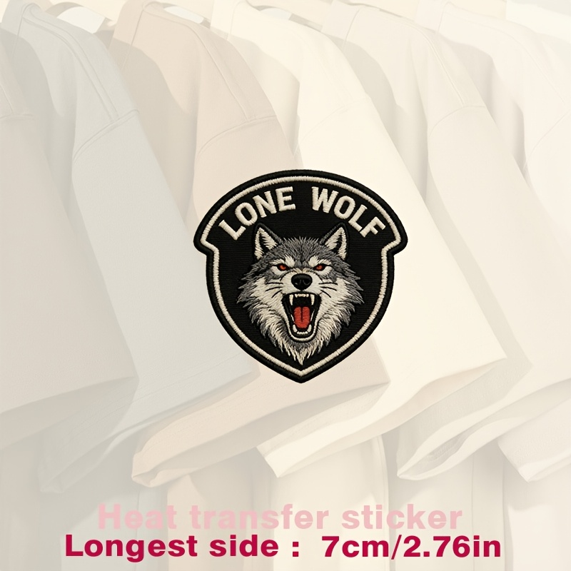 TEMU Black " Wolf" Badge, With A Gray Wolf Design Featuring Red Eyes And An . Heat Transfer Sticker Suitable For Flat Fabrics Such As Clothing, Hats,