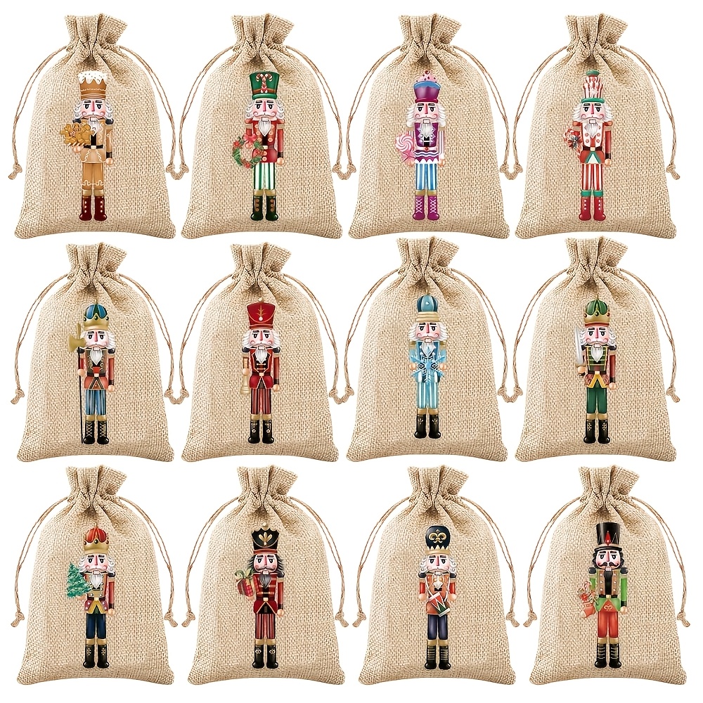TEMU Gift For Her/him 12pcs Carriecur Nutcracker Christmas Gift Pouches - Vintage Nutcracker Soldier Print Burlap & Linen Drawstring Treat Bags