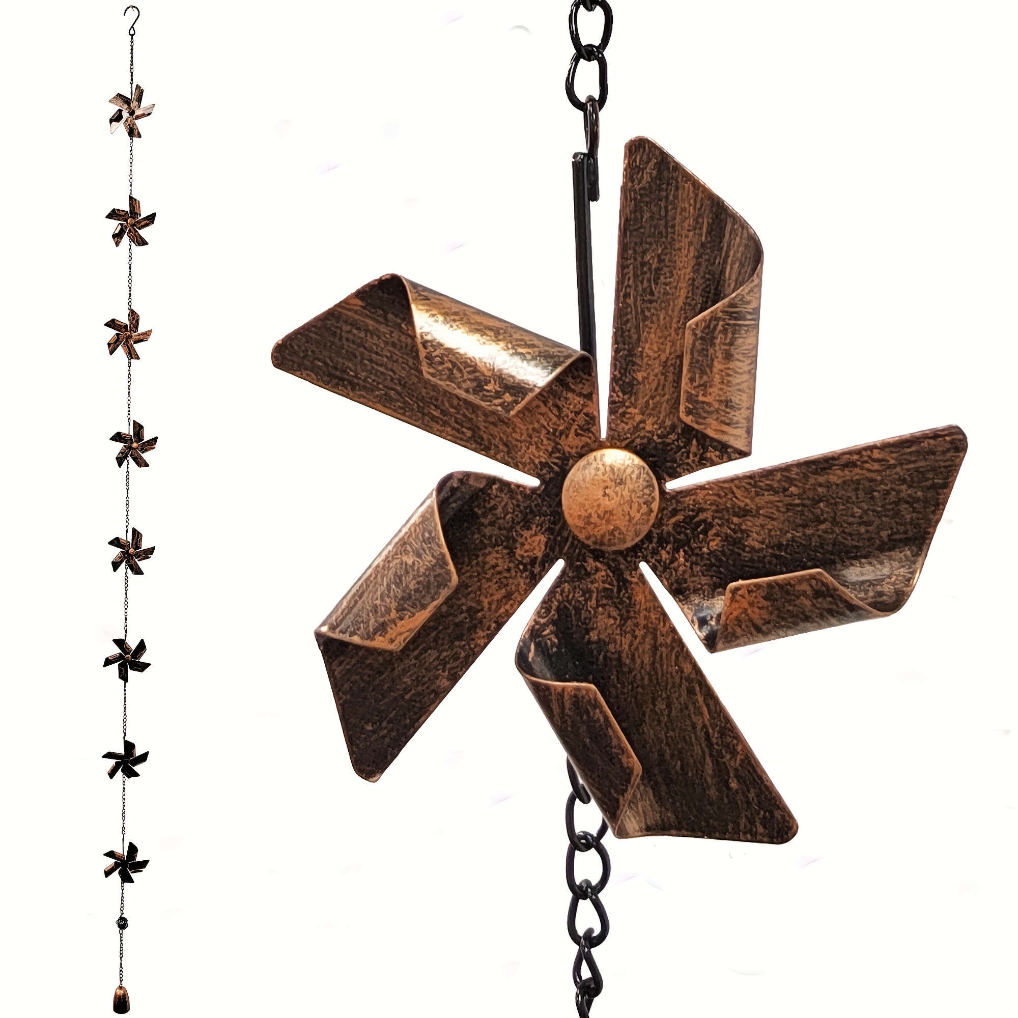 Image of Long Decorative Metal Pinwheel Rain Chain With 8 Windmill - Functional Replacement For Gutters And Downspouts, Outdoor Garden Rainwater Collector, , Durable And Artistic, Adds To Your Home