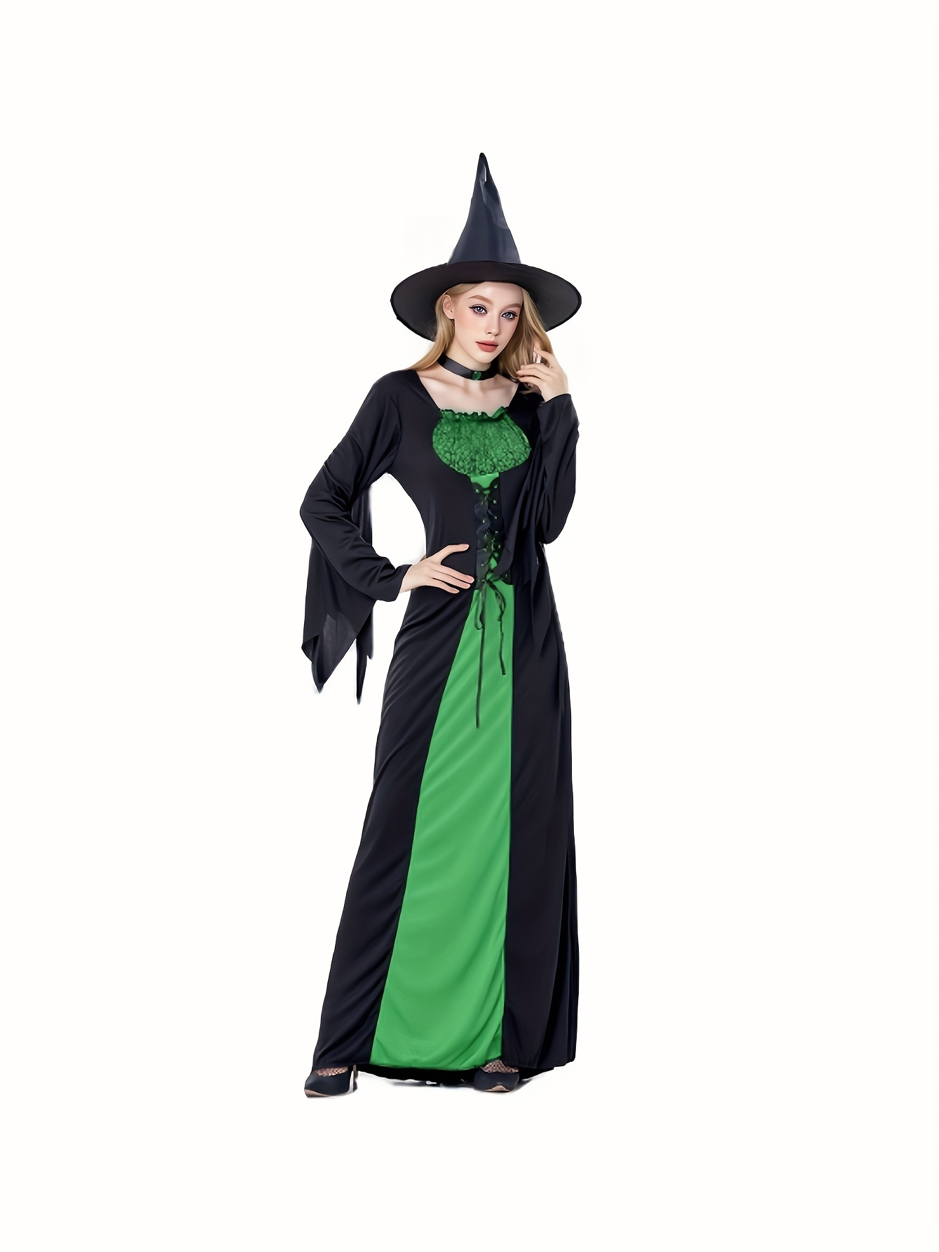 Kvinners Halloween hekse kostyme, lang * kjole med svart hatt, vintage  stil, polyester strikk * * * belte, stripemønster, vanlig passform, lange *  * ..., image size:800x1066