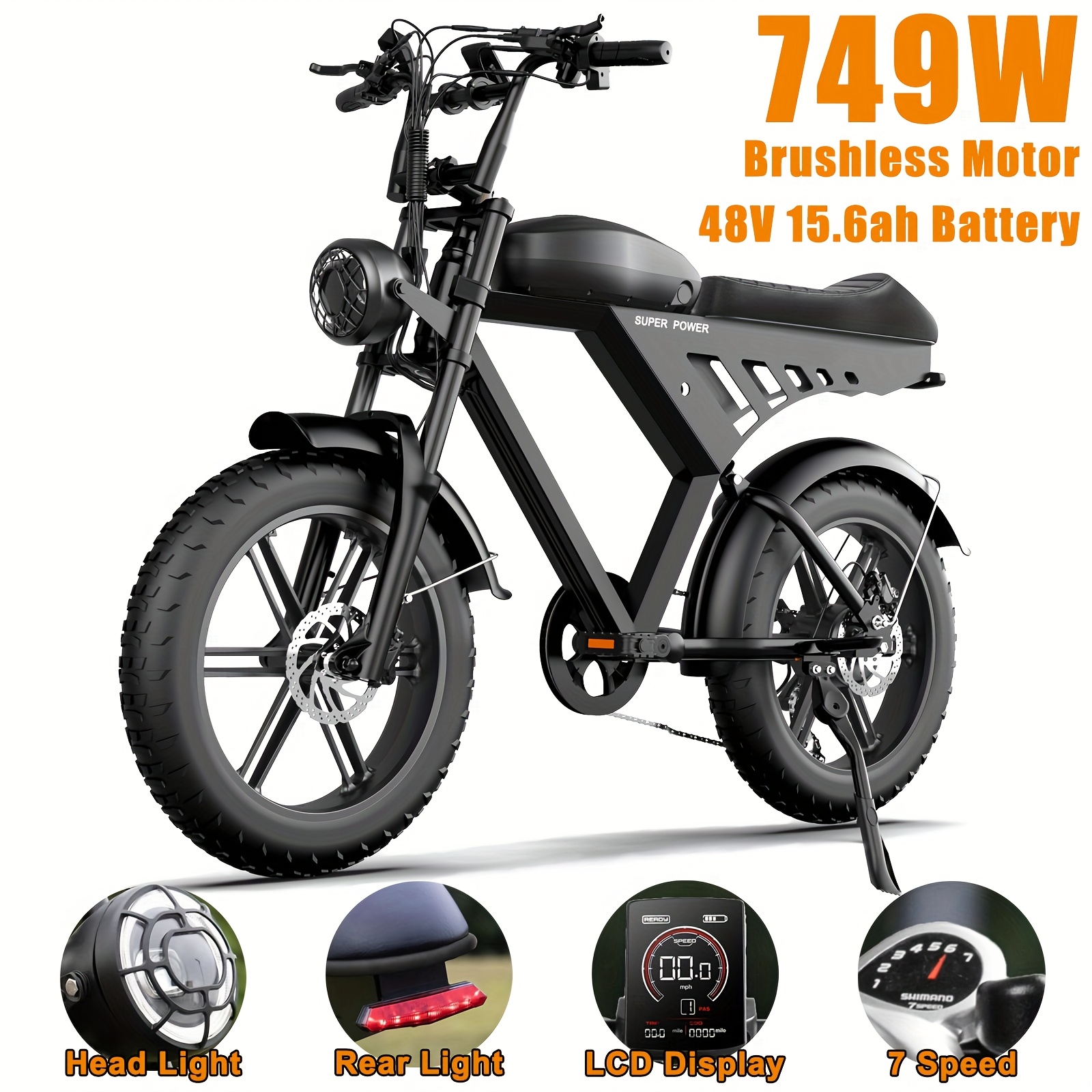 electric bike adults 749w brushless motor 20 mph speed Temu