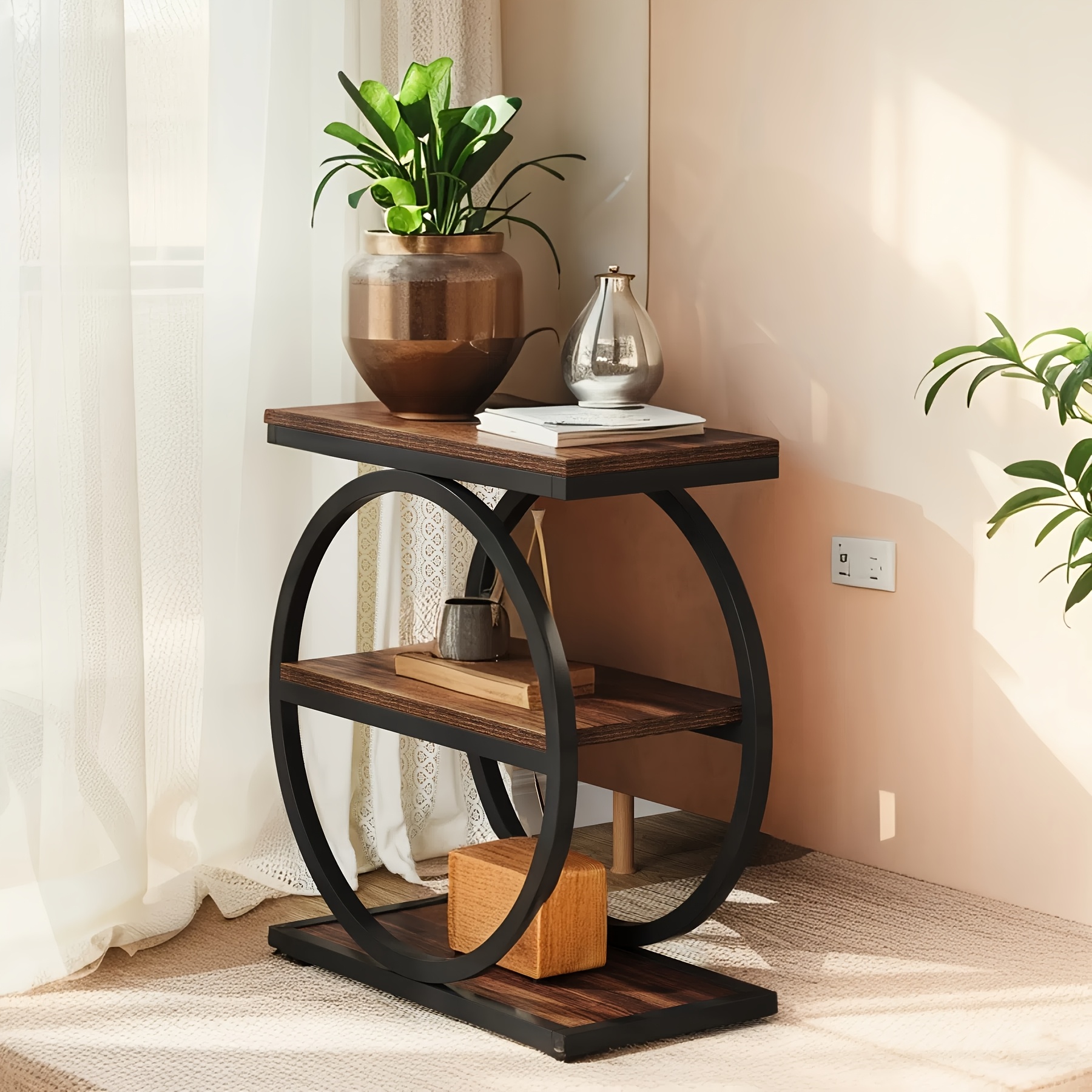 Vintage End Table Set Of 2, Narrow End Table with 3 Storage Shelves, Farmhouse Wooden Side Table, Industrial Small Sofa Side Table for Living Room, Modern Slim Nightstand And Bedside Table for Bedroom - Image 10