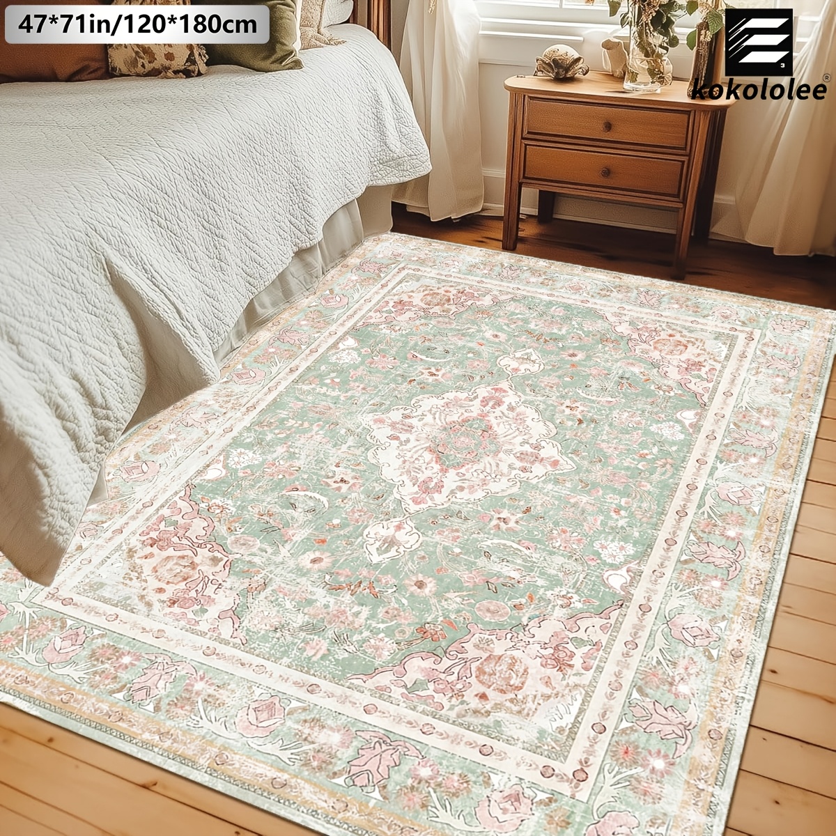 TEMU Velvet 1pc Kokololee Luxury Velvet Area Carpet - French Country Pastel Green Pink Floral Carpet, Non-slip Backing, Machine Washable, 100%