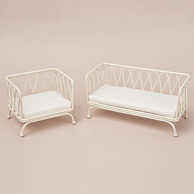 Image of A Set Of White Metal Single And Double Sofas (with White Cushions), Minimalist Style, 1:12 Scale Suitable For Bjd/ob11/ Dollhouse Furniture And Home Decor