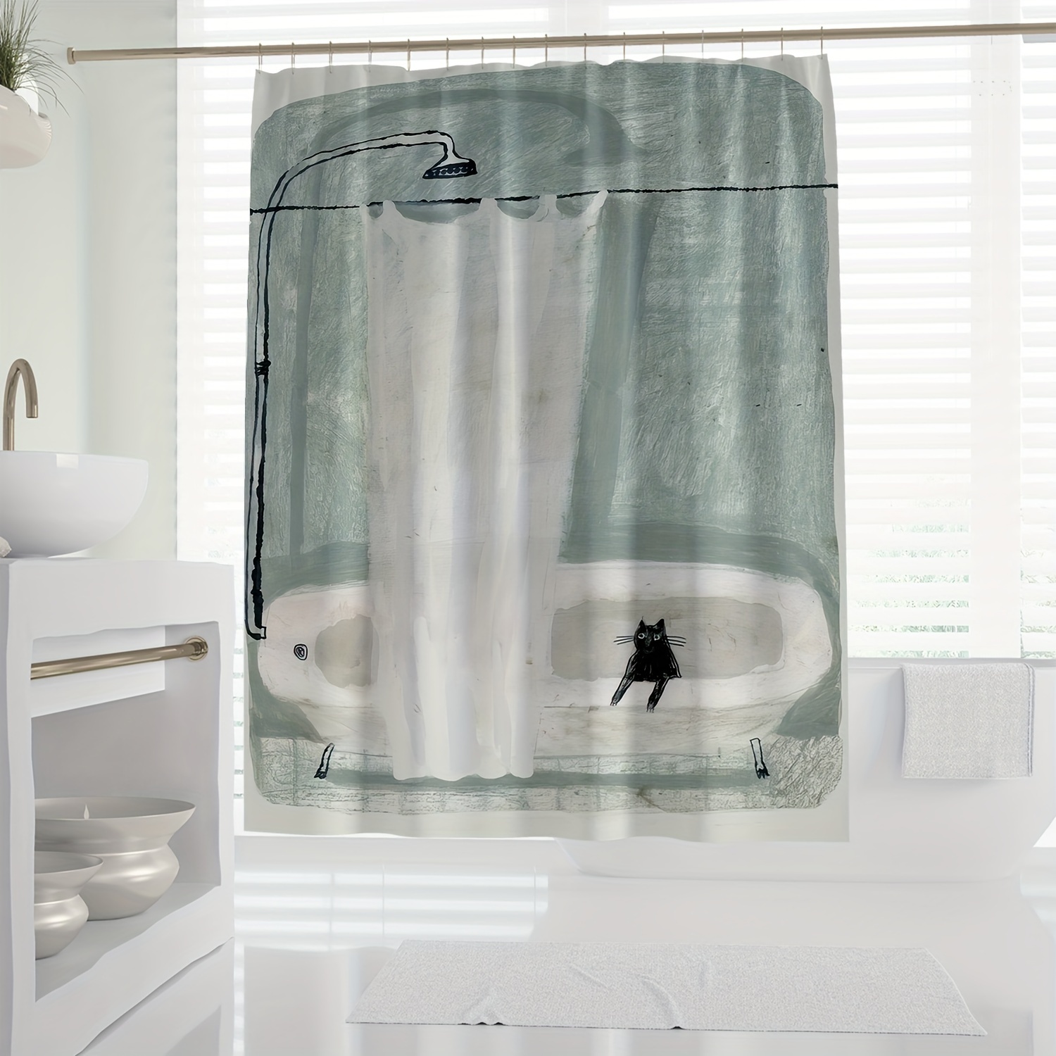 

1pc Quirky Art Spoof Cute Cat Bathing Digital Print Shower Curtain, Waterproof Bathroom Decor With Hooks, Bathroom Decoration, Bathroom Accessories