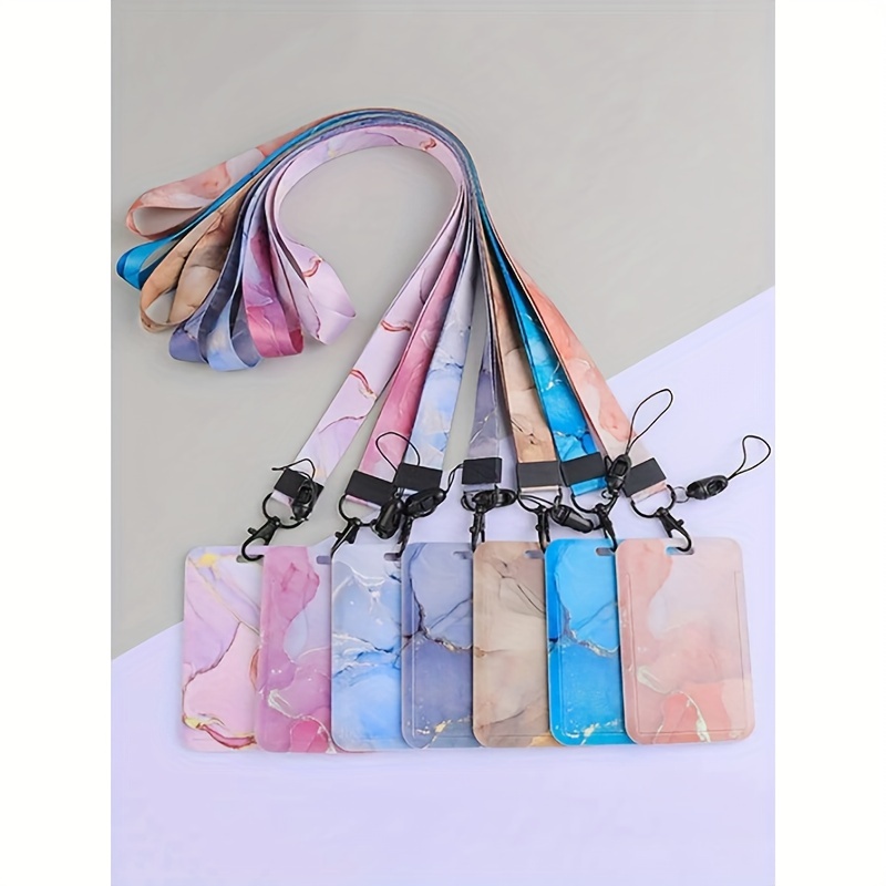 

1pc Marble Pattern Creative Sliding Id Holder With Lanyard, Convenient Card Holder For Bus Card, Work Card, School & Office Supply