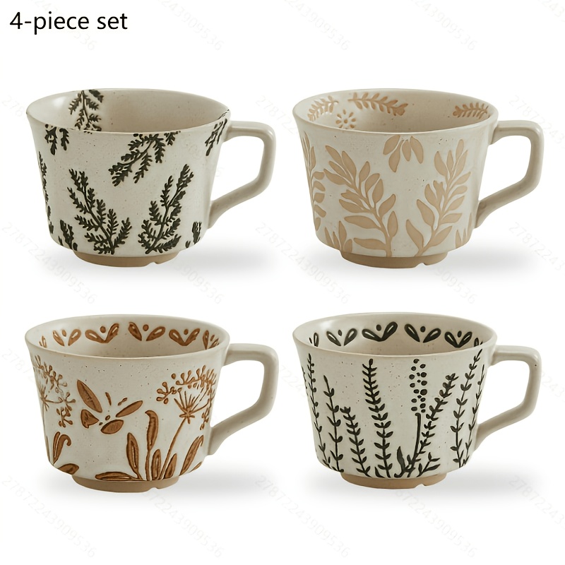 4pcs Ceramic Coffee Mug, 12oz Small Novelty Unique Teacup With Handle, Stoneware Cup For Tea Cappuccino, Unique Teacup, Large Handle, Tea, Mocha, Latte
