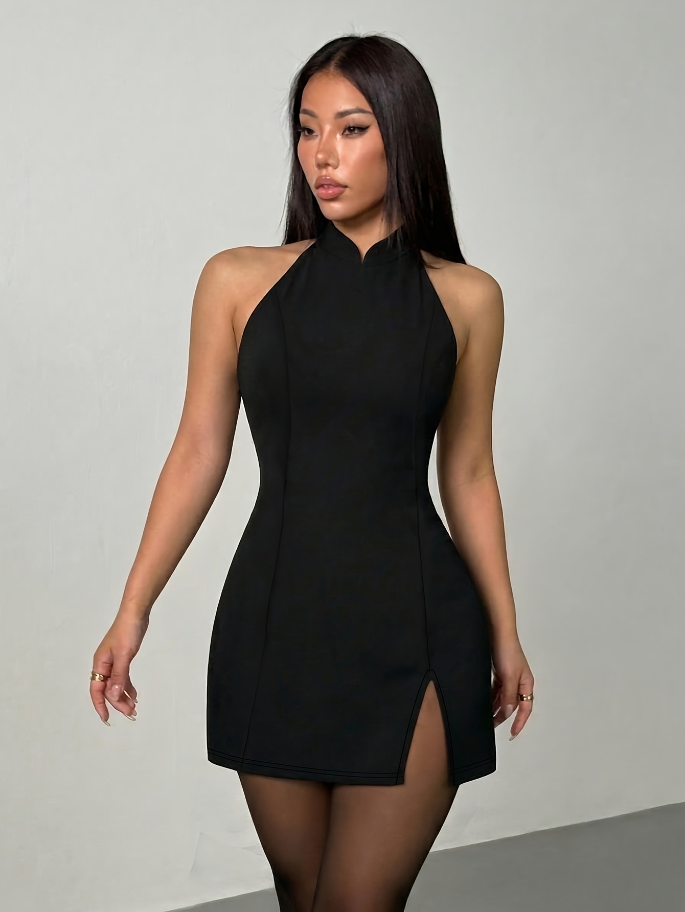 womens black chinese cheongsam style mini dress sleeveless