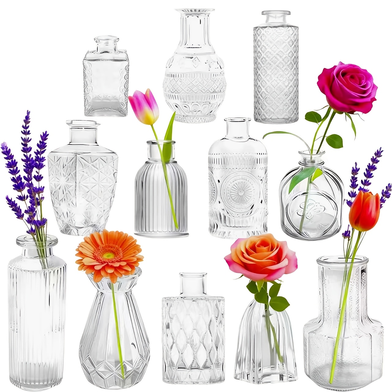TEMU 12pcs Vintage Glass Mini Vase Set With Geometric Vases - Thick Shatterproof Glass Bottles Suitable For Wedding Centerpieces, Table Decor, Dried