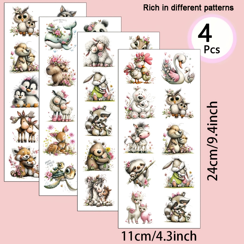 TEMU 4 Sheets/set Of Mother's Day Animal Pattern Themed Uv Transfer - Suitable For Crafts, Mugs, Laptops, And Water Bottles, Self-adhesive Plastic,