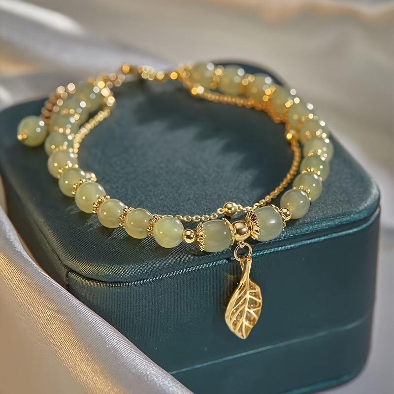 

1pc Elegant Double-layer Green Beaded Bracelet With Golden Leaf Charm Jewelry For Women Men Best Friend