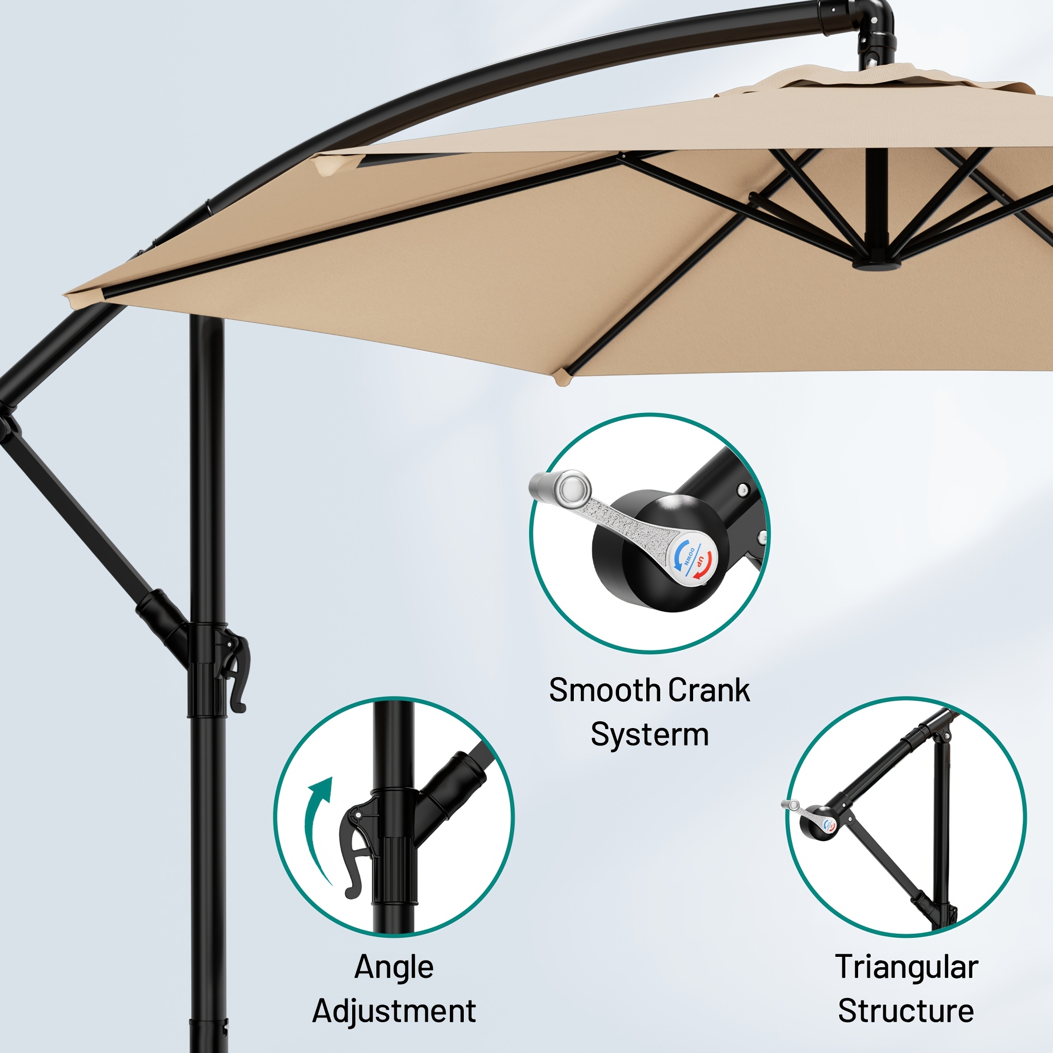 10-Foot Cantilever Patio Umbrella Featuring an Infinite Tilt Mechanism, Offset Outdoor Umbrella with a Cross Base, Durable Crank Lift Market Umbrella Suitable for Yards, Gardens, And Decks (Weighted Base Sold Separately)
