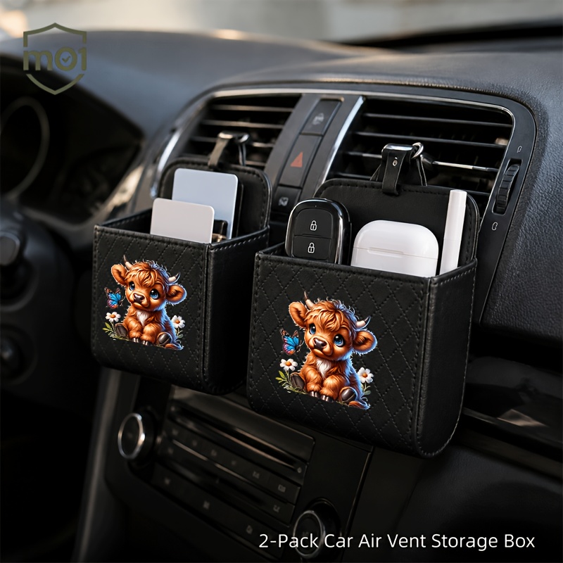 TEMU 2pcs Car Air Vent Organizer Cute Highland Cow Daisy Pattern Print Car Air Vent Storage Organizer Box Air Outlet Hanging Phone Holder Caddy Multi